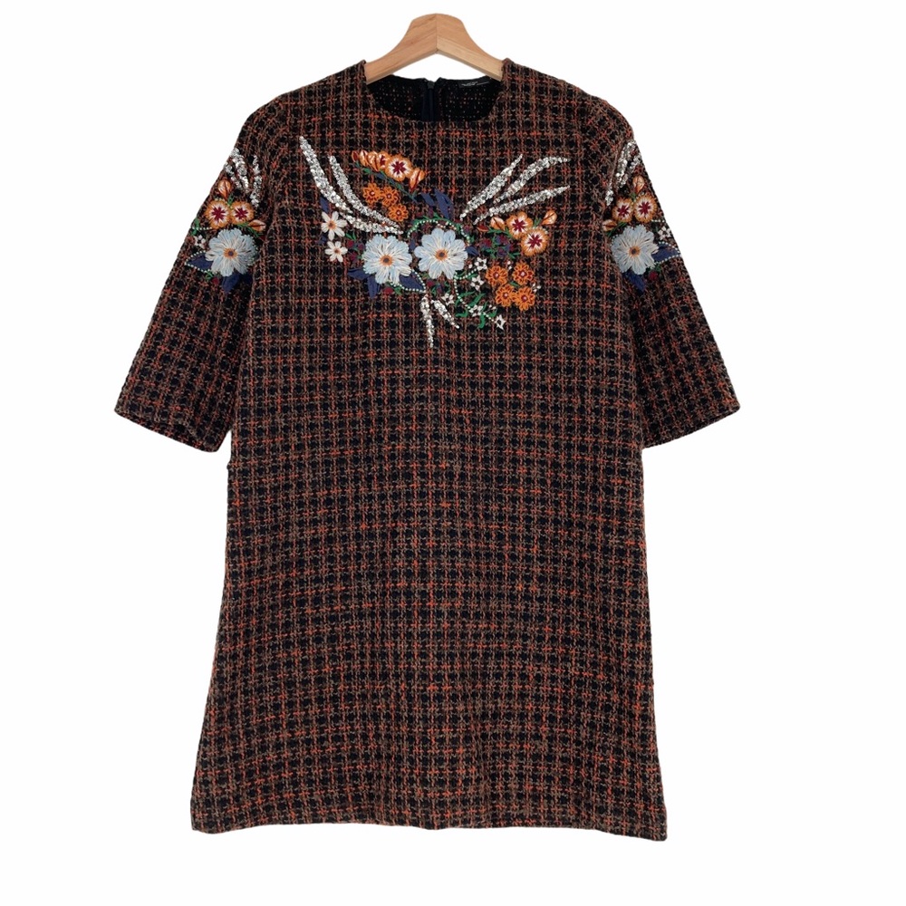 Zara Tweed Shift Dress Embroidered Short-Sleeve